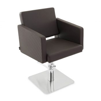 siège de coiffeur pied carre en métal brillant avec assise profonde et confortable couleur chocolat effet quadrillé