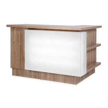 Meuble caisse en bois stratifié avec devanture en extension blanc et multiples rangements et éclairage LED en partie frontale