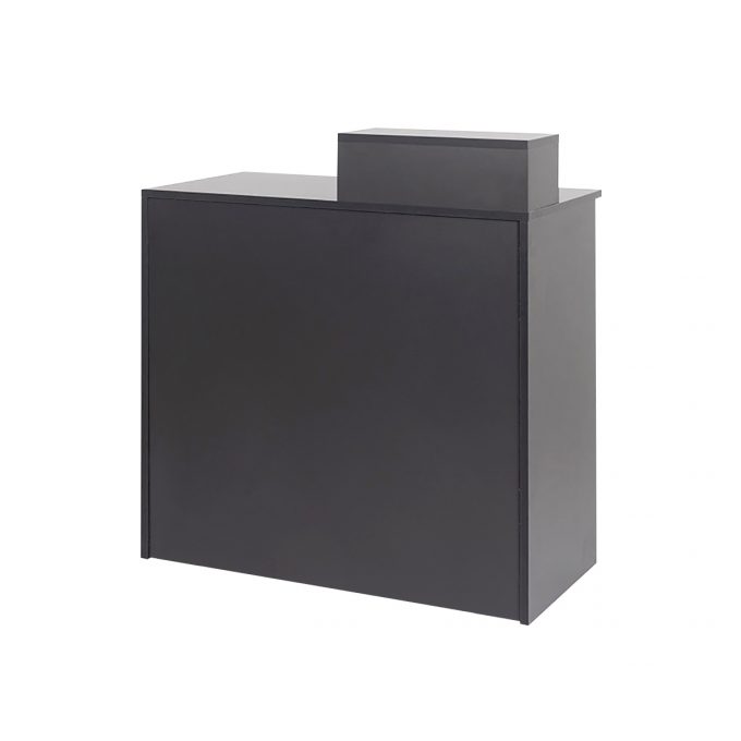 meuble de réception caisse avec finitions stratifié ou marbre rangements tiroirs et étagères