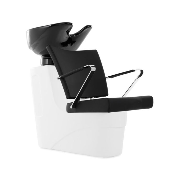 Bac à shampoing structure en polyéthylène blanc avec siège noir et accoudoirs en métal