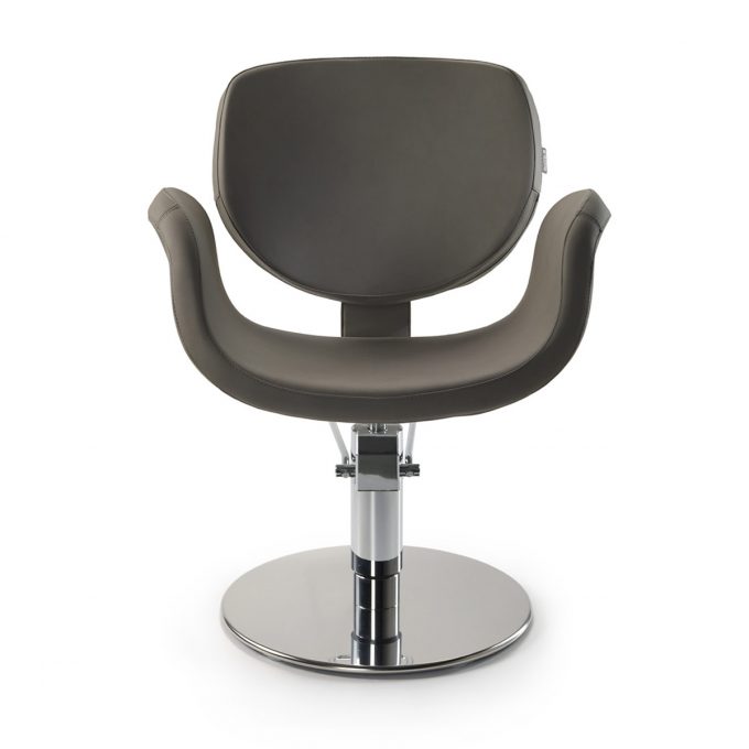 fauteuil de coiffure finition similicuir marron avec base ronde chromé et pompe hydraulique