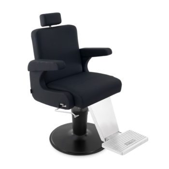 fauteuil de barbier moderne et chic avec accoudoir rembourré repose tête extensible et repose pieds et base en métal couleur noir