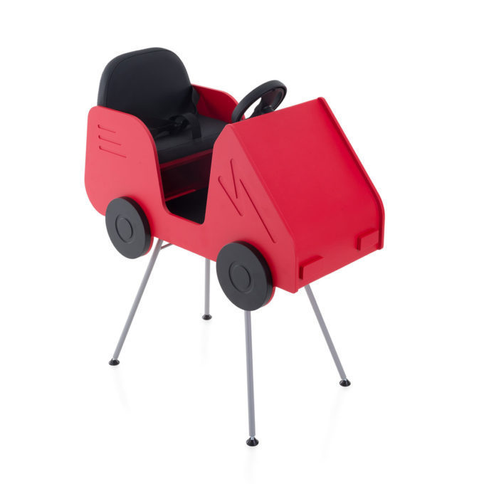 siège en forme de voiture avec volant couleur rouge avec pieds métallique