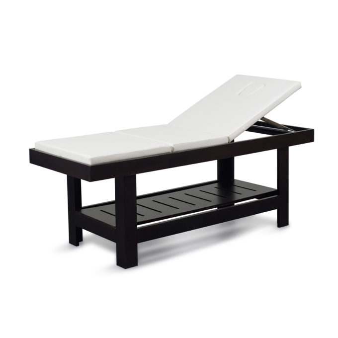 Table de massage 3 positions en bois massif foncé et verni avec étagère et matelas en mousse épaisse et skai blanc