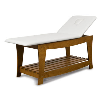 Table de massage soin spa et détente en bois vernis avec lit en skai blanc et ouverture pour visage