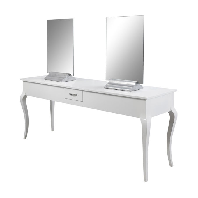 Coiffeuse 4 places finitions bois laqué blanc avec tiroirs et grands miroirs posés sur socle, chic et luxueux
