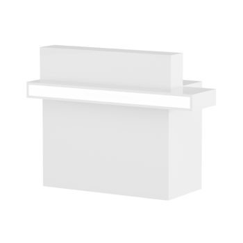 Meuble de réception caisse en bois laminé blanc avec lumière led sur le devant, rangements multiples
