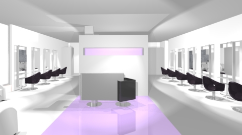 Conception d'un plan en 3D d'un agencement de salon de coiffure complet