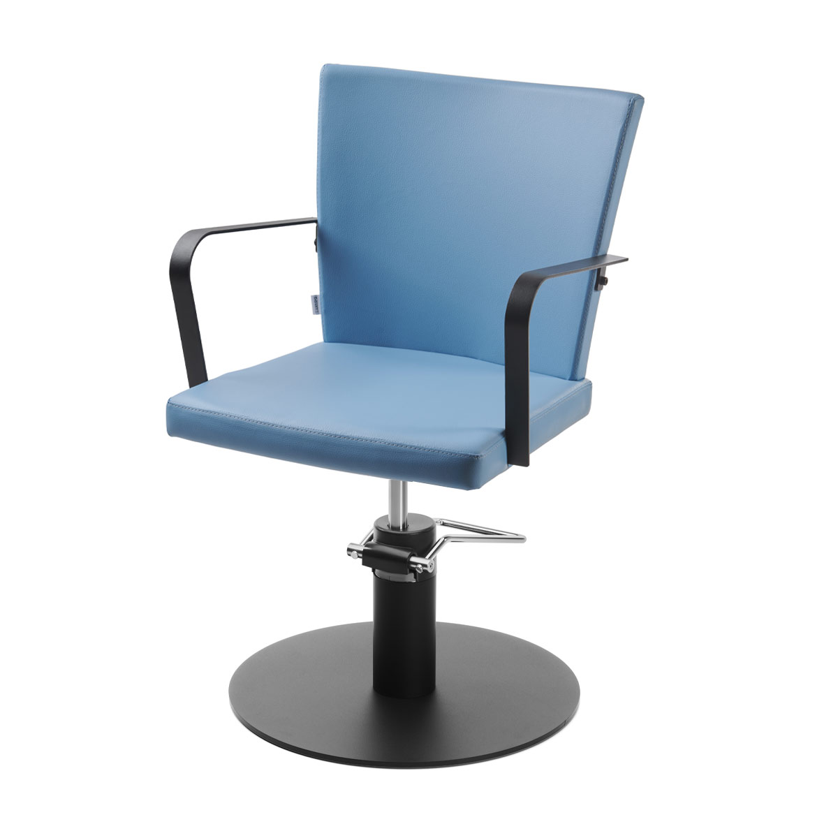 fauteuil de coiffage bleu aqua avec accoudoirs en métal noir et base aux choix