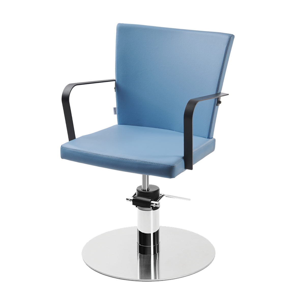 fauteuil de coiffage bleu aqua avec accoudoirs en métal noir et base aux choix