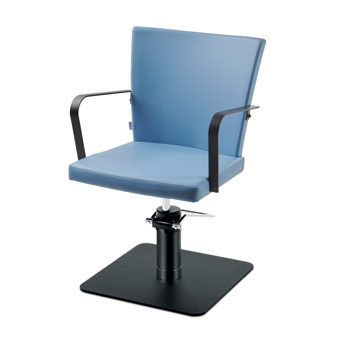 fauteuil de coiffage bleu aqua avec accoudoirs en métal noir et base aux choix