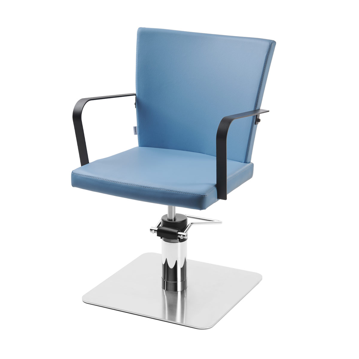 fauteuil de coiffage bleu aqua avec accoudoirs en métal noir et base aux choix