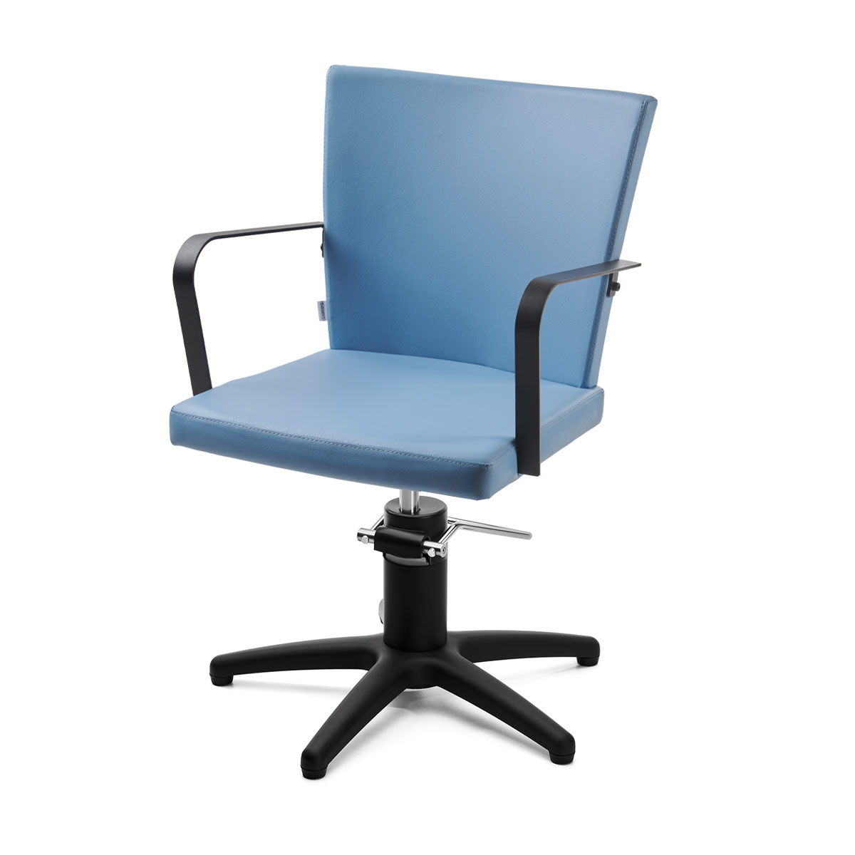fauteuil de coiffage bleu aqua avec accoudoirs en métal noir et base aux choix