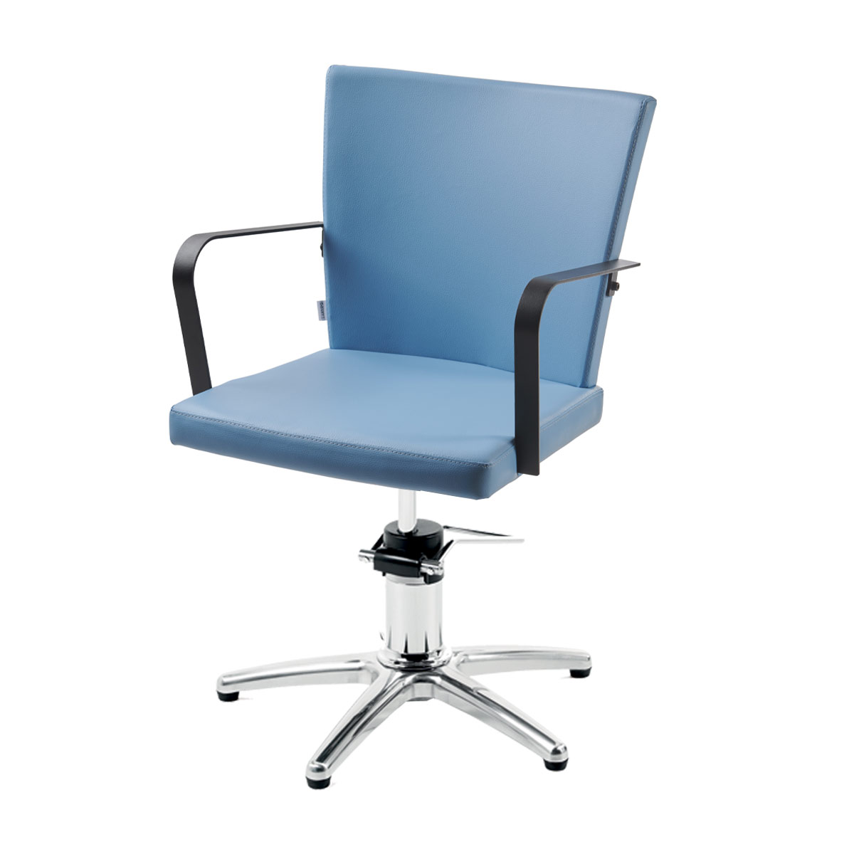 fauteuil de coiffage bleu aqua avec accoudoirs en métal noir et base aux choix