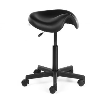 Siège à roulette pour salon de coiffure ou esthétique, assise en forme de selle de cheval, rembourrée et revêtue de skai noir ou autres couleurs