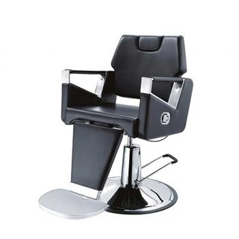Chaise de barbier avec repose pies et bas en métal chromé, forme contemporaine en similicuir noir