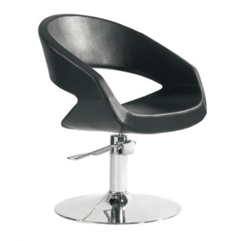 fauteuil de coiffure noir avec pied rond en métal brillant et pompe hydraulique