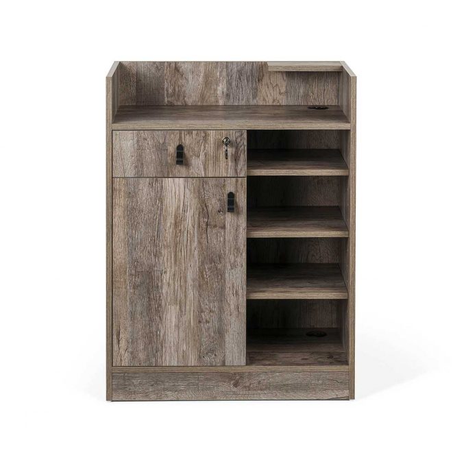 meuble caisse de réception, en bois stratifié effet naturel avec multiples rangements