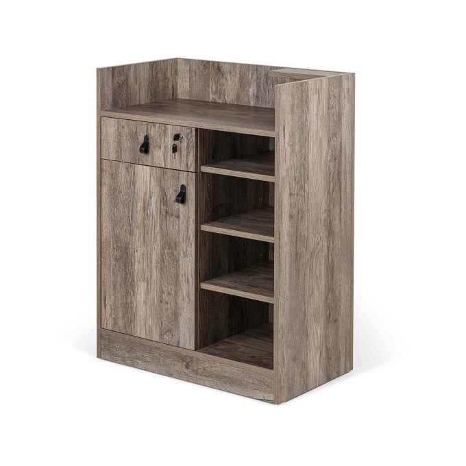 meuble caisse de réception, en bois stratifié effet naturel avec multiples rangements