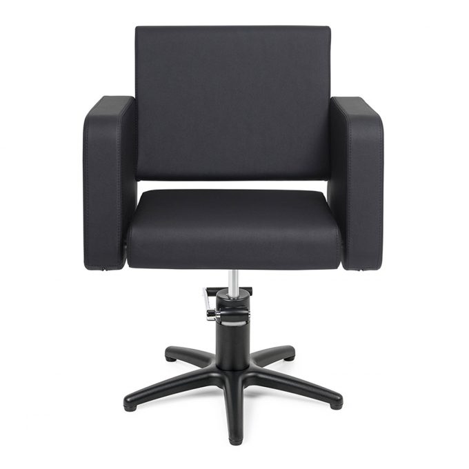 fauteuil de coiffure rectangulaire noir mate avec pied étoile noir et pompe hydraulique