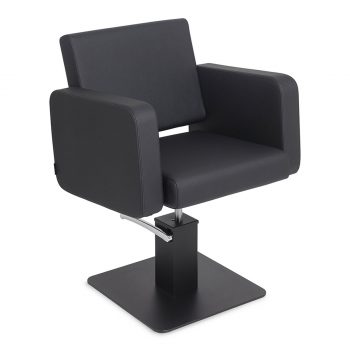 fauteuil de coiffure avec finition noir et base carré kube noir plat mate et pompe hydraulique
