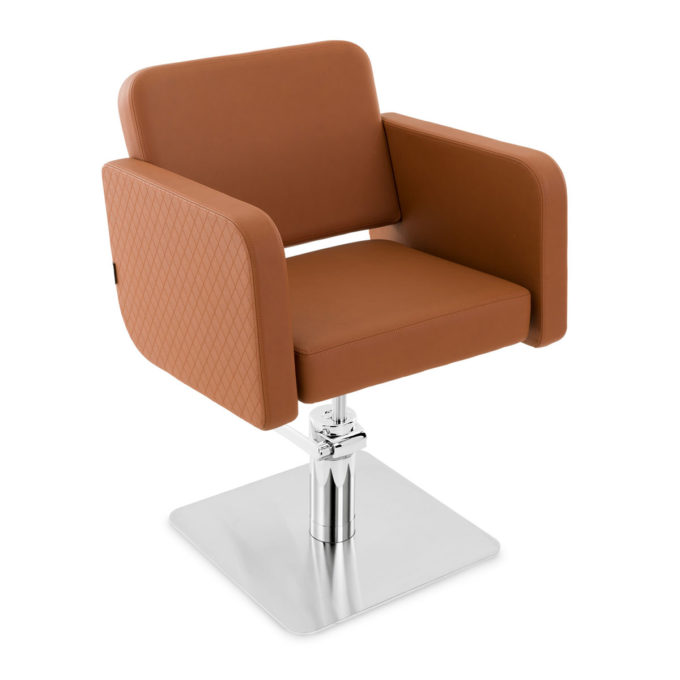 fauteuil de coiffure assise large en skai marron caramel et pied en acier carré