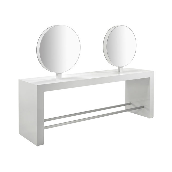 coiffeuse 4 places avec miroirs ronds, structure en bois blanc, reposes pieds en métal