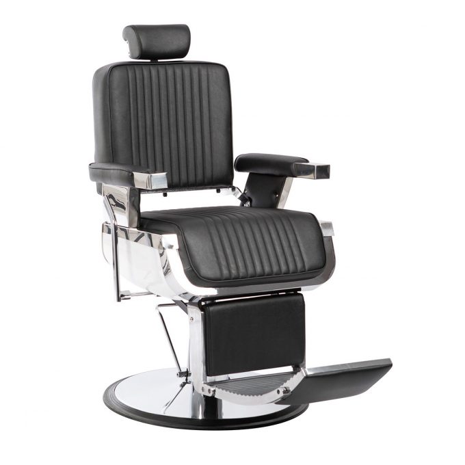fauteuil de barbier en similicuir noir avec accoudoirs, repose pieds et appuie tête et base en métal chromé, design moderne et rétro
