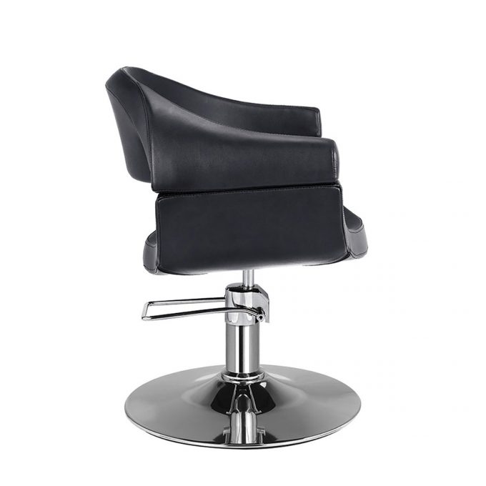 chaise de coiffure avec base ronde en métal brillant, assise enveloppante en monobloc, facile a nettoyer