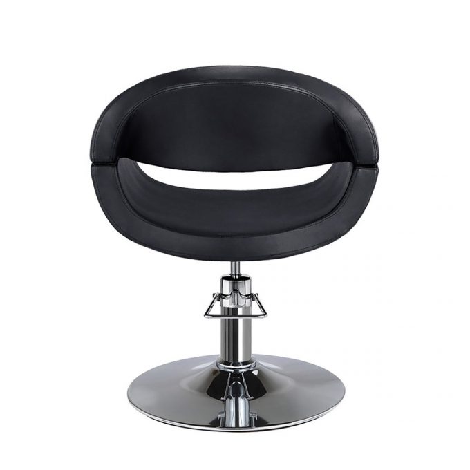 chaise de coiffure avec base ronde en métal brillant, assise enveloppante en monobloc, facile a nettoyer
