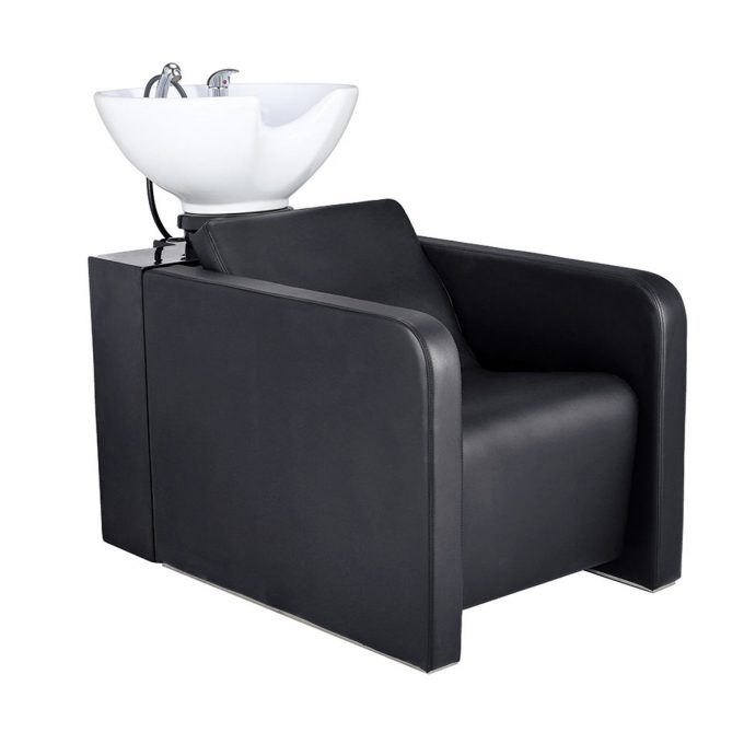 Bac de lavage noir avec vasque blanche structure en bois stratifié et revêtement en skai noir