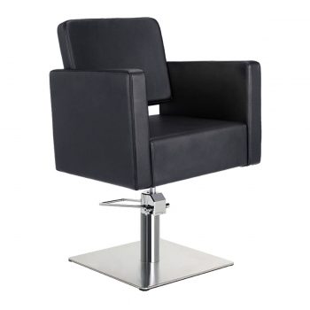 Fauteuil de coiffeur noir forme carré avec assise épaisse en skai noir, pied carré métal