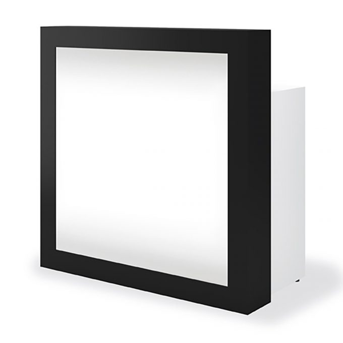 Meuble caisse de réception carré en stratifié noir avec devanture entièrement lumineuse