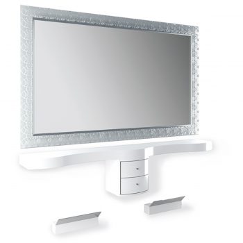 Poste de coiffure avec miroir en verre fondu et tablette et tiroirs muraux en bois laqué blanc