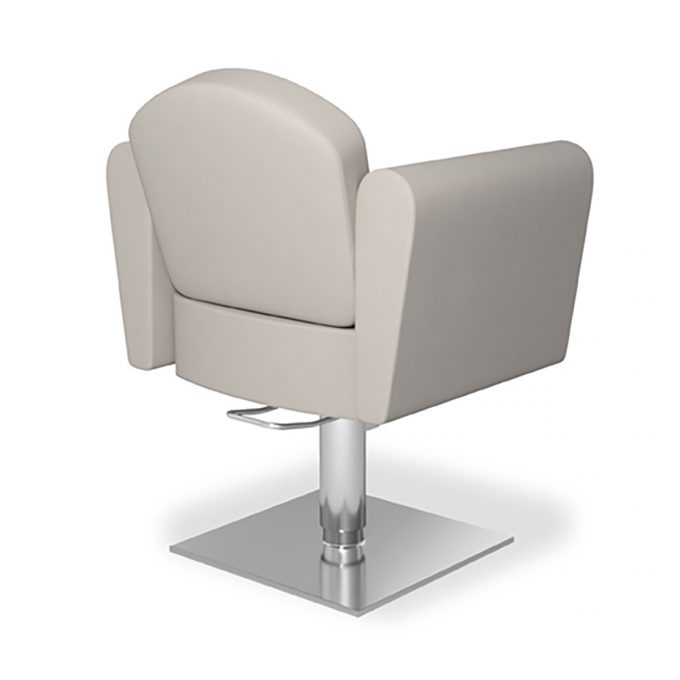 fauteuil de coiffure avec une assise et accoudoirs large et confortables, dossier arrondies, pied carré en métal brossé