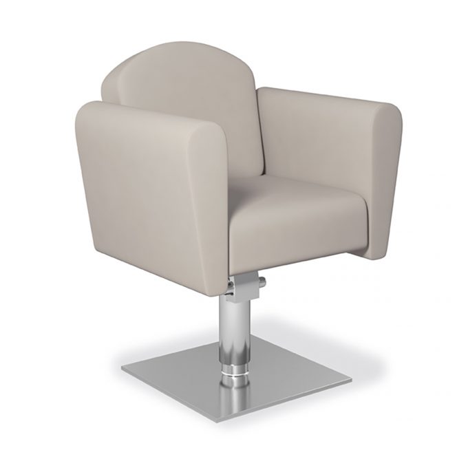 fauteuil de coiffure avec une assise et accoudoirs large et confortables, dossier arrondies, pied carré en métal brossé