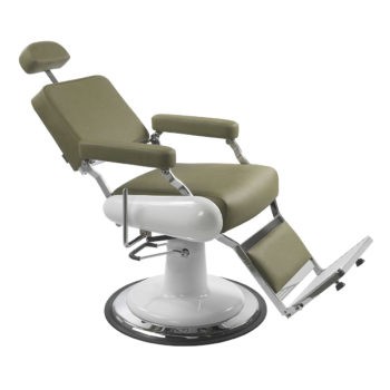 fauteuil de barbier kaki avec structure blanche et chromé repose jambes et appuie tête