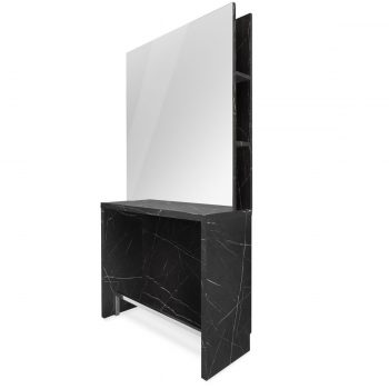 poste de coiffure spacieux avec grand miroir carré, étagères, tablette et repose pieds inclus, effet marbre noir