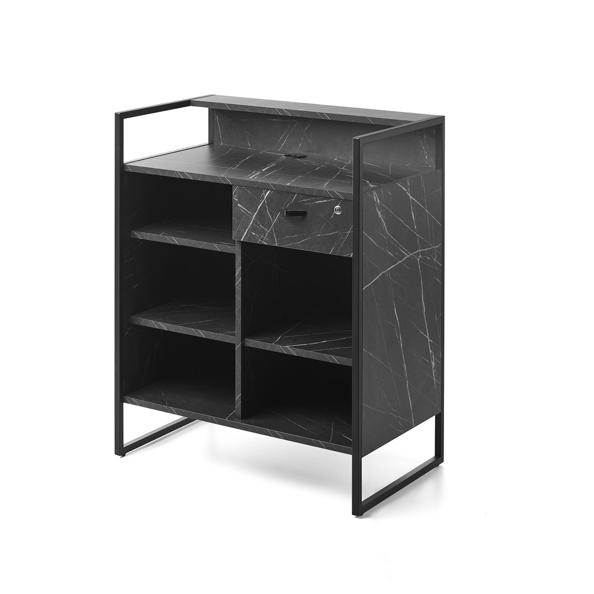 meuble caisse avec tiroir et étagère bois effet marbre mate et métal noir