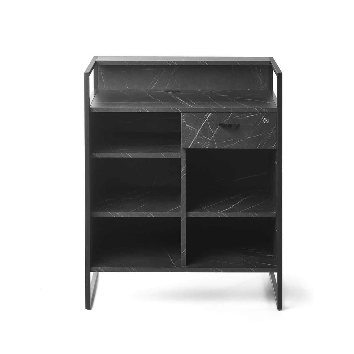 meuble caisse avec tiroir et étagère bois effet marbre mate et métal noir