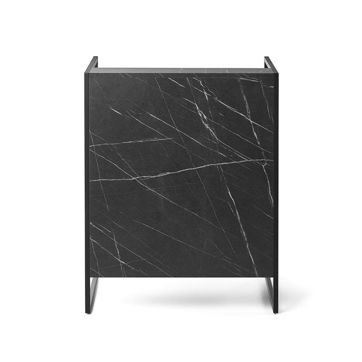 meuble caisse avec tiroir et étagère bois effet marbre mate et métal noir