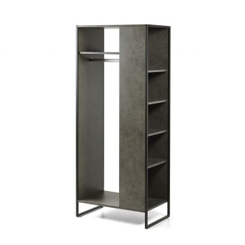 Vestiaire pour salon de coiffure avec étagères sur le côté et sur le dessus de la penderie, idéal pour ranger les vestes, manteaux et sacs à mains et peignoirs