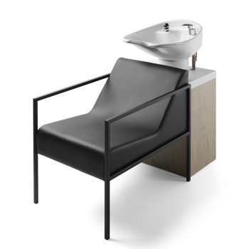 Bac à shampoing économique avec vasque blanche, rangement en bois effet naturel et strucutre en métal noir