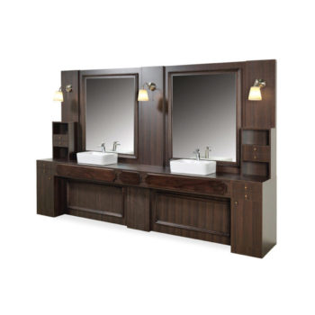 Meuble 2 places avec grands miroirs structure en bois avec étagères et vasques en céramique avec douchettes