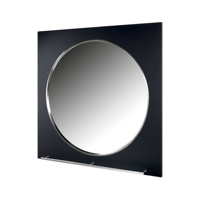 Grand miroir rond dans contour carré en stratifié noir pour salon de coiffure avec repose pieds