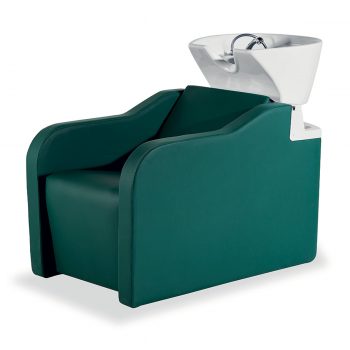 bac de lavage avec repose jambe électrique, grande vasque tout équipée, finition similicuir vert