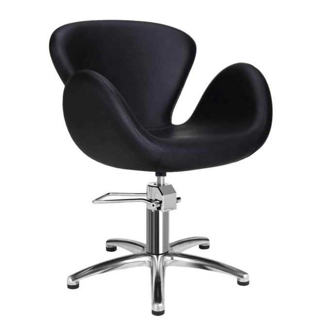 fauteuil de coiffure noir en forme arrondie avec pied étoile et pompe hydraulique en métal brillant