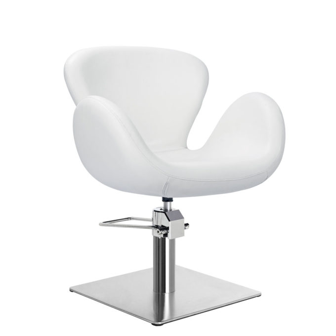 Fauteuil de coiffeur monobloc et ergonomique blanc avec pied rond en métal brillant, facile à nettoyer, léger et robuste