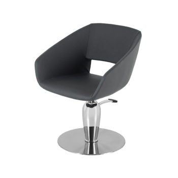 Chaise de coiffure arrondie monobloc en skai noir avec pied en métal brillant rond et pompe de réglage en hauteur