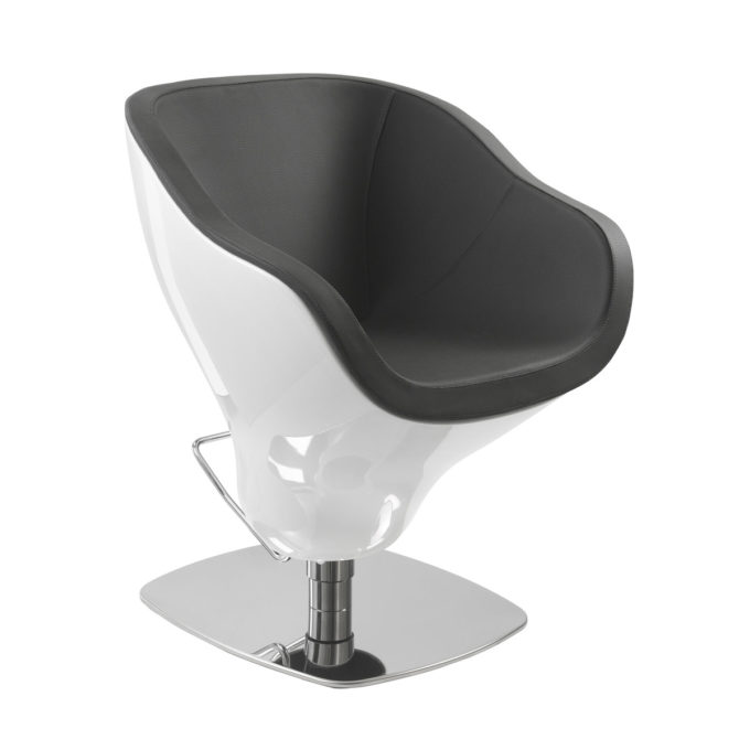 Fauteuil de coiffeur blanc laqué avec siège en similicuir et pied carré chromé